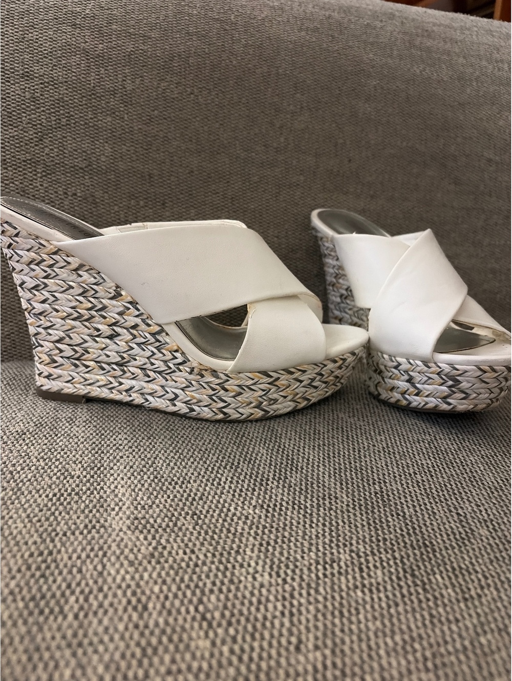 Faux White Leather Woven Wedge Sandals